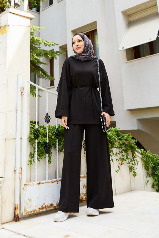 طقم أويشو الأسود المكون من قطعتين مع حزام قابل للإزالة