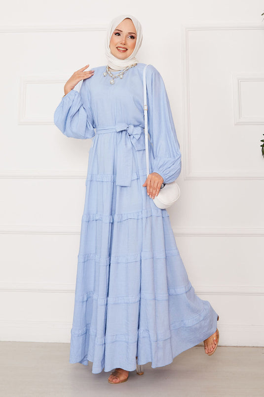 Abito hijab a strati con cintura rimovibile, azzurro