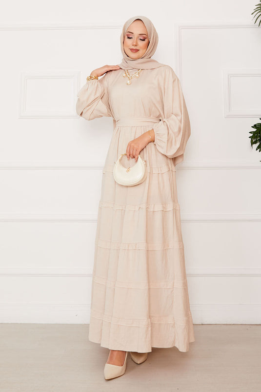 Abito hijab a strati con cintura rimovibile beige
