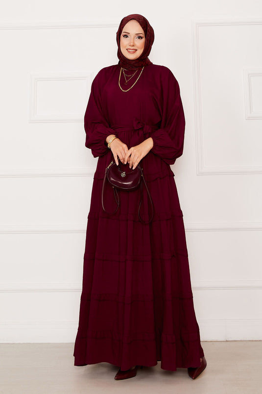 Abito hijab a strati con cintura rimovibile, bordeaux