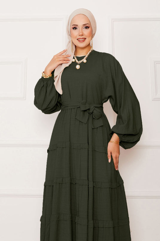 Robe hijab superposée avec ceinture amovible kaki