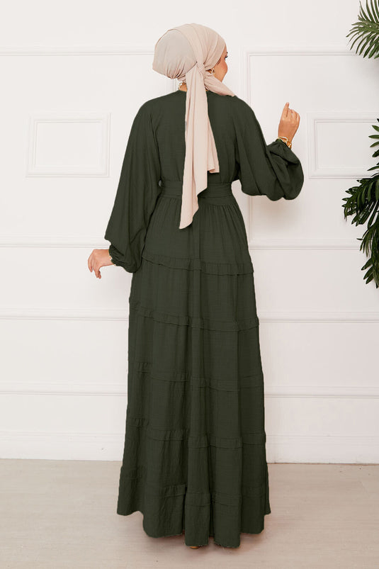 Robe hijab superposée avec ceinture amovible kaki