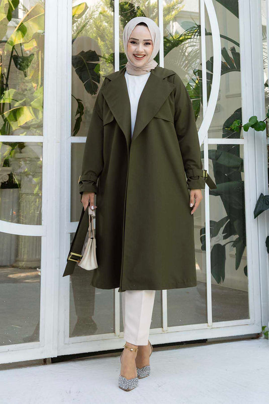 Removable Belted Adjustable Sleeve Trench Coat Khaki