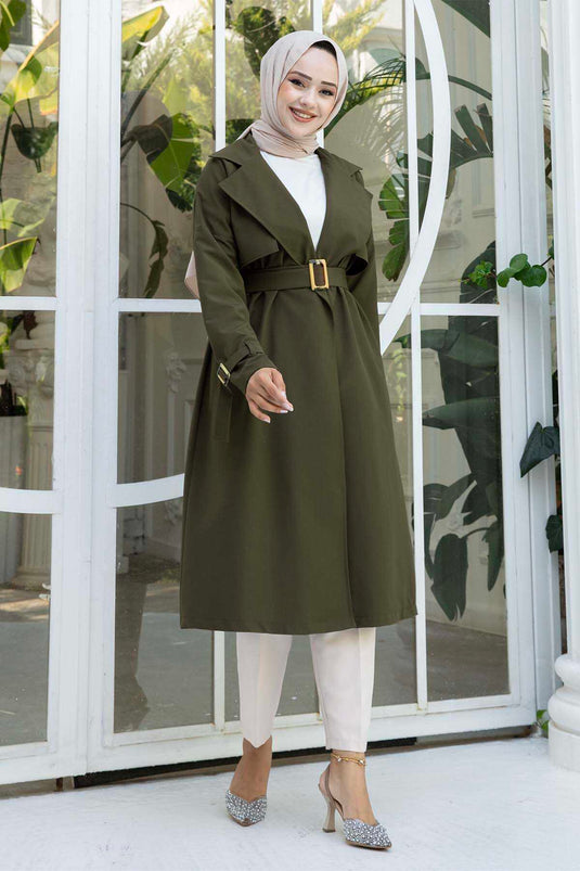 Removable Belted Adjustable Sleeve Trench Coat Khaki