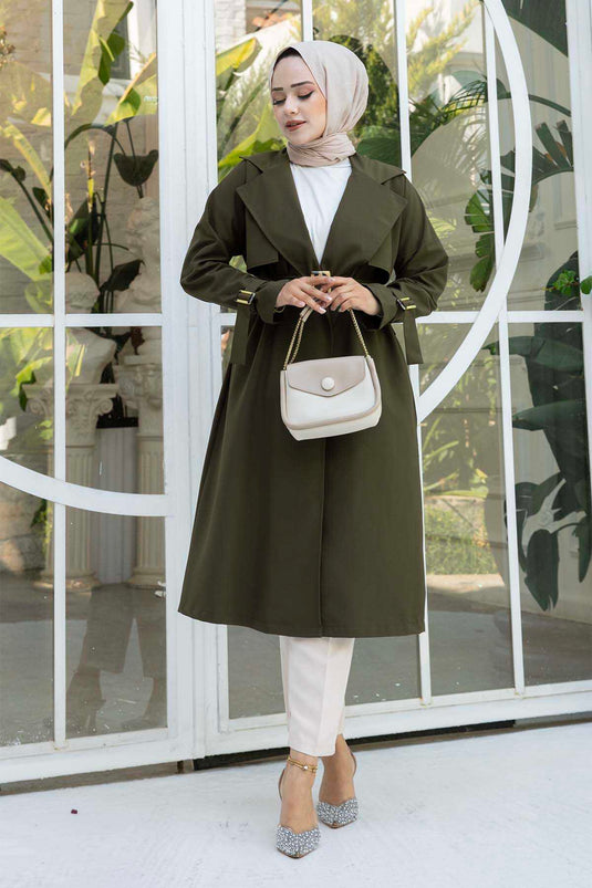 Removable Belted Adjustable Sleeve Trench Coat Khaki