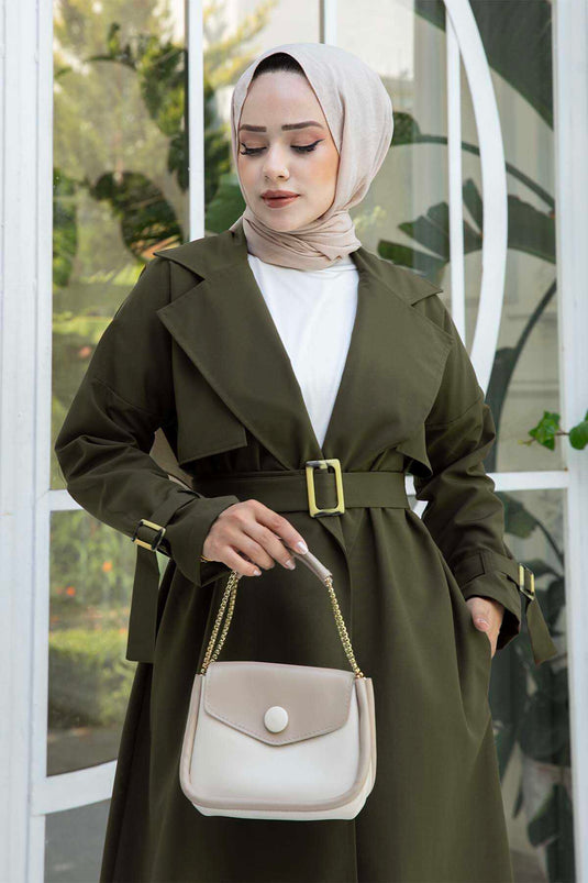 Removable Belted Adjustable Sleeve Trench Coat Khaki