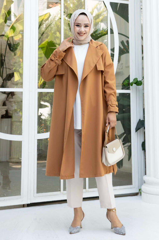 Trenchcoat met verstelbare mouwen en mobiele riem - Tan