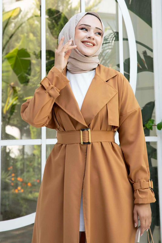 Trenchcoat met verstelbare mouwen en mobiele riem - Tan