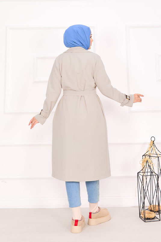 Trench Coat with Removable Belt and Adjustable Sleeves Stone