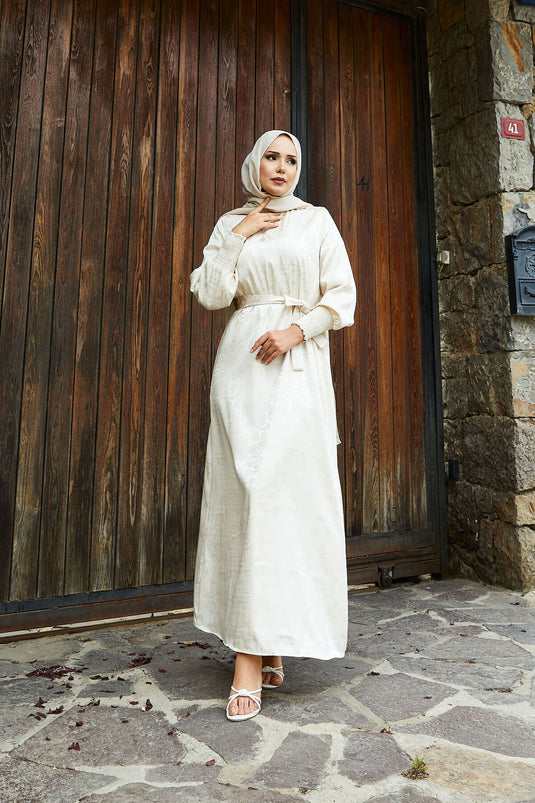 Abito jacquard con cintura rimovibile e maniche a sbuffo, beige