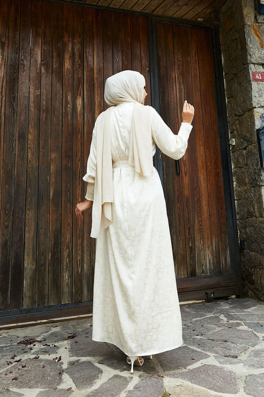 Abito jacquard con cintura rimovibile e maniche a sbuffo, beige