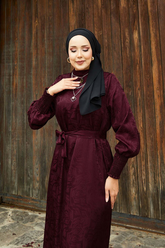 Jacquard Dress with Removable Belt and Gipel Sleeves, Burgundy