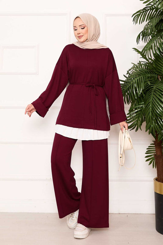 Mobile Belted Sleeved Folding Detail Oyşo Set Burgundy