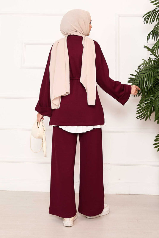Mobile Belted Sleeved Folding Detail Oyşo Set Burgundy