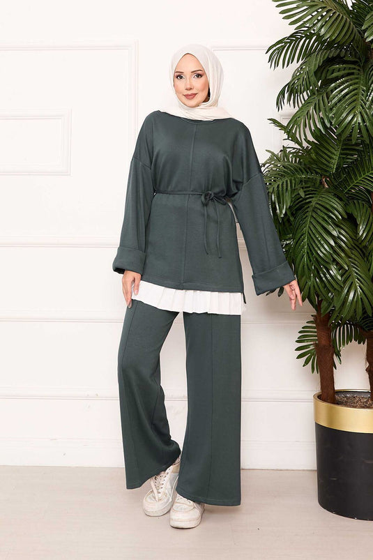 Portable Belted Folding-Sleeve Detailed Oyşo Set in Çağla Green