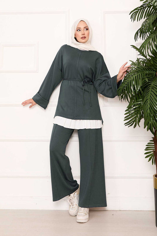 Portable Belted Folding-Sleeve Detailed Oyşo Set in Çağla Green