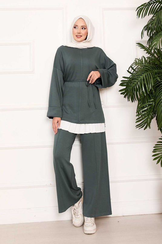 Portable Belted Folding-Sleeve Detailed Oyşo Set in Çağla Green