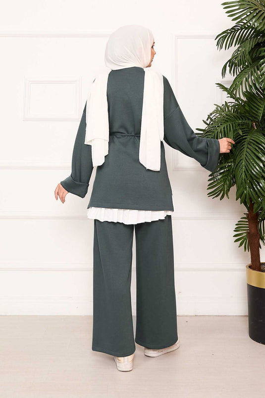 Portable Belted Folding-Sleeve Detailed Oyşo Set in Çağla Green