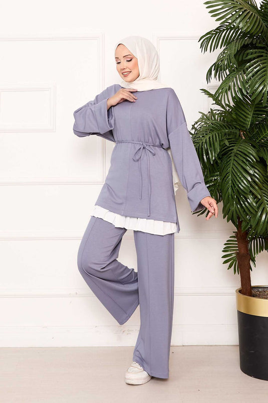 Mobile Belted Sleeve Folding Detailed Oyşo Set Gray