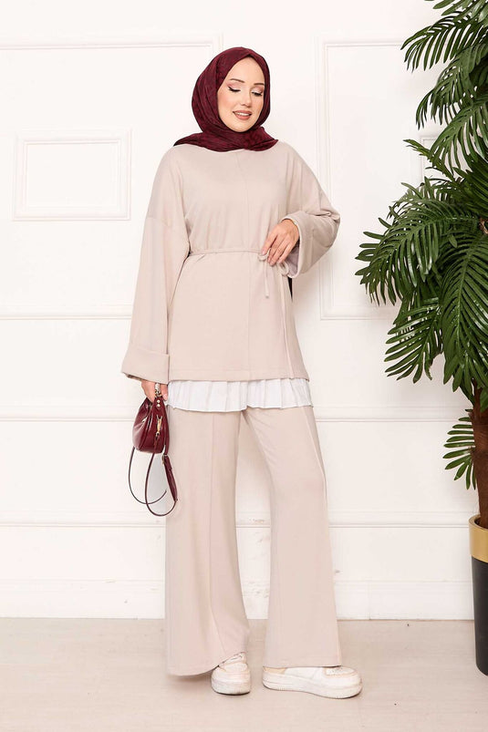 Mobile Belted Sleeve with Folding Details Oyşo Set Cream