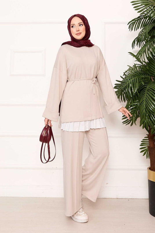 Mobile Belted Sleeve with Folding Details Oyşo Set Cream