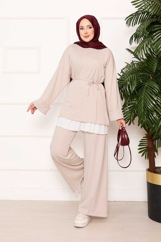 Mobile Belted Sleeve with Folding Details Oyşo Set Cream