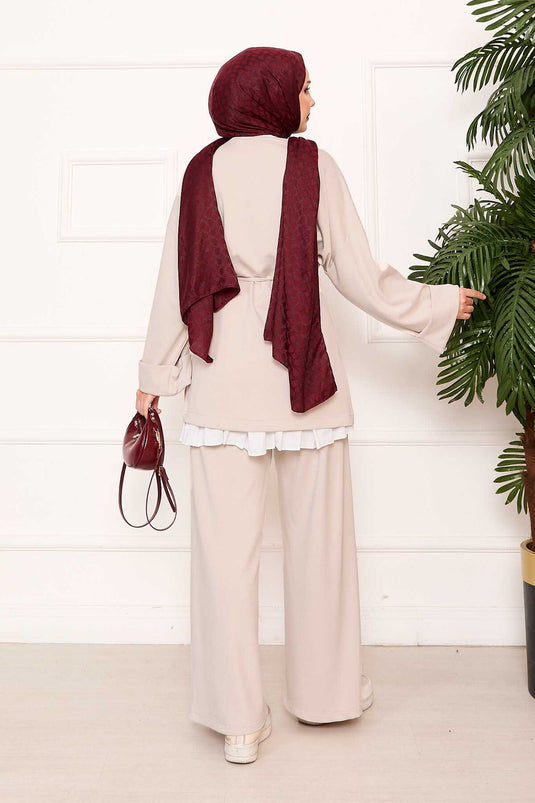 Mobile Belted Sleeve with Folding Details Oyşo Set Cream