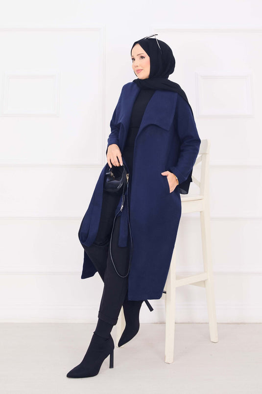 Manteau en cachemire bleu marine à col châle et ceinture amovible