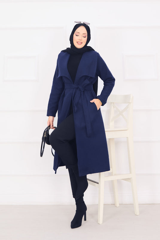 Manteau en cachemire bleu marine à col châle et ceinture amovible