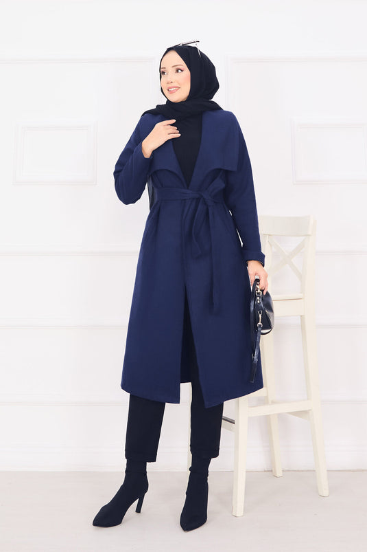 Manteau en cachemire bleu marine à col châle et ceinture amovible