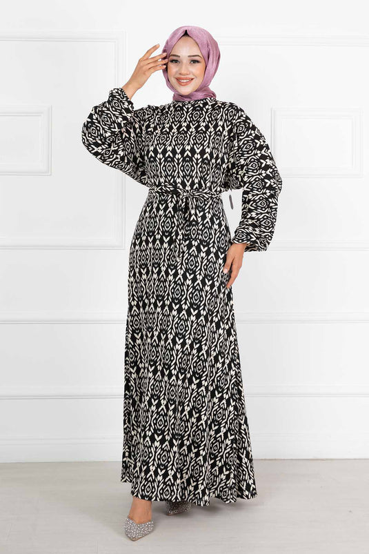 Robe Hijab Ceinturée À Manches Chauve-Souris Mobile Noir