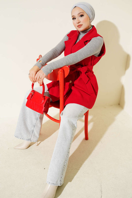 Gilet in cashmere con cintura e maniche a zero, rosso