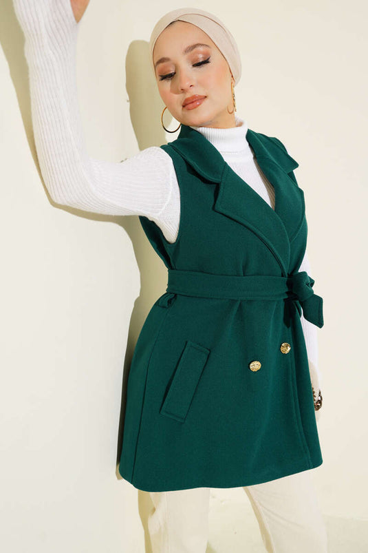 Gilet in cashmere con cintura e maniche a zero, smeraldo