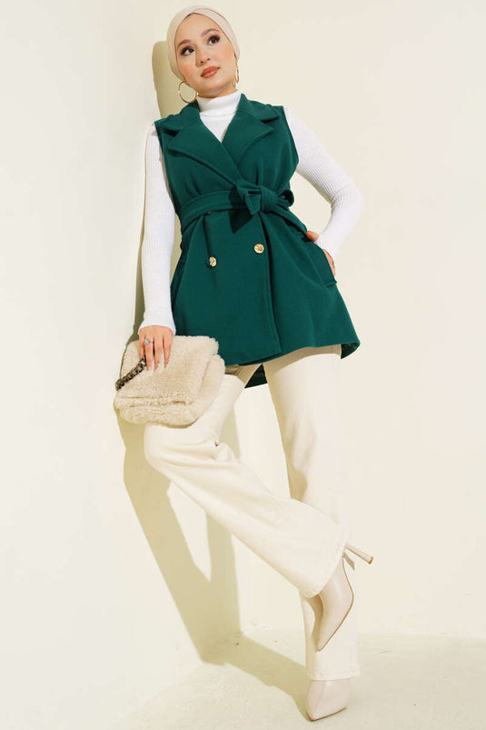 Gilet in cashmere con cintura e maniche a zero, smeraldo