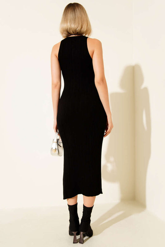 Robe midi sans manches en maille fendue, noire