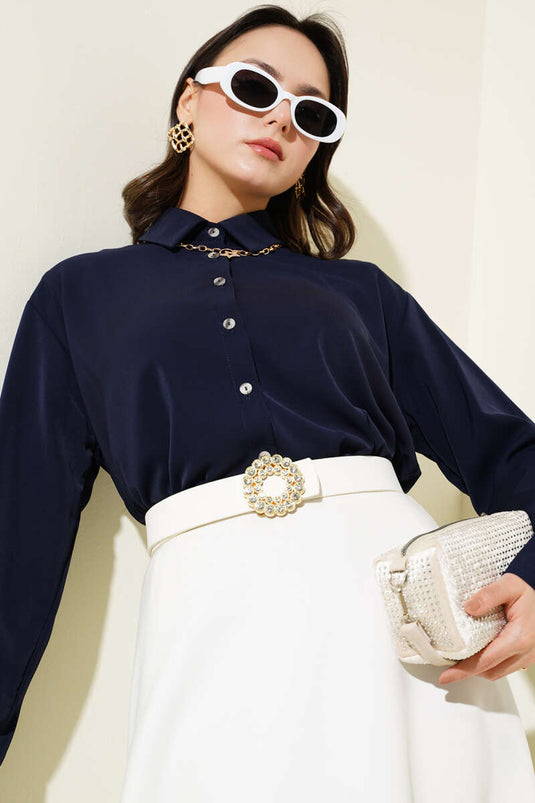 Chiffon Basis Blouse Donkerblauw