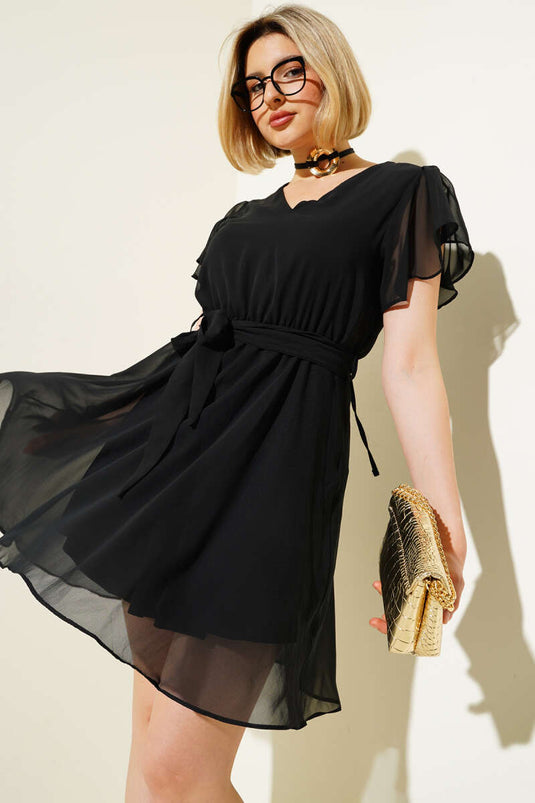 Vestido de gasa con lazo en la cintura, color negro