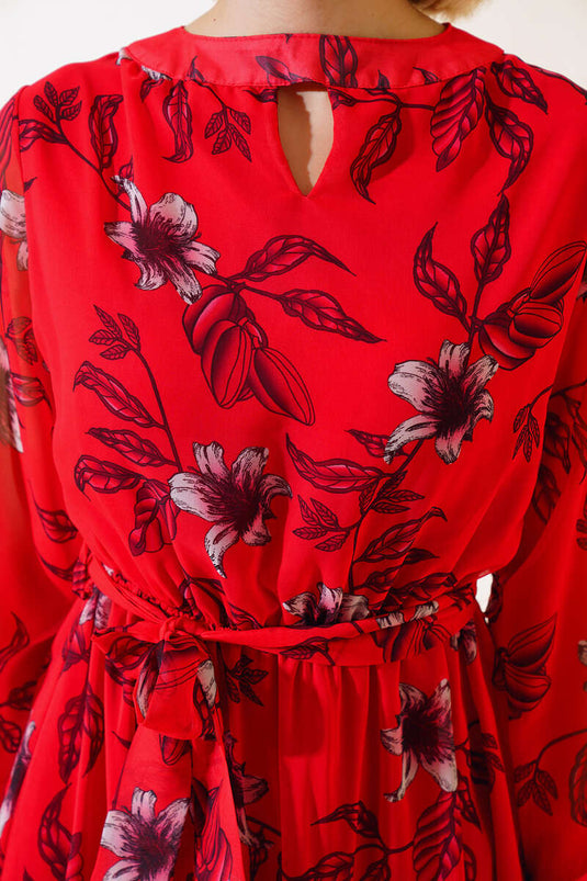 Robe Mousseline à Motifs Floraux Rouge