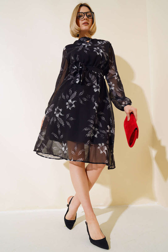 Chiffon Floral Patterned Dress Black