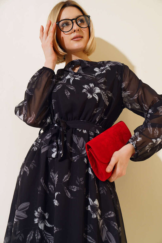 Chiffon Floral Patterned Dress Black