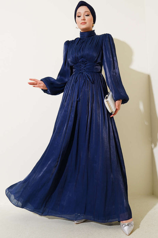 Chiffon geplooide avondjurk met touwstrik, marineblauw