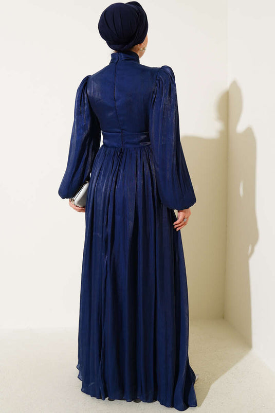 Chiffon geplooide avondjurk met touwstrik, marineblauw