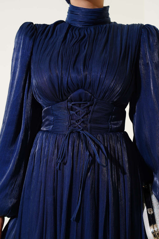 Chiffon geplooide avondjurk met touwstrik, marineblauw