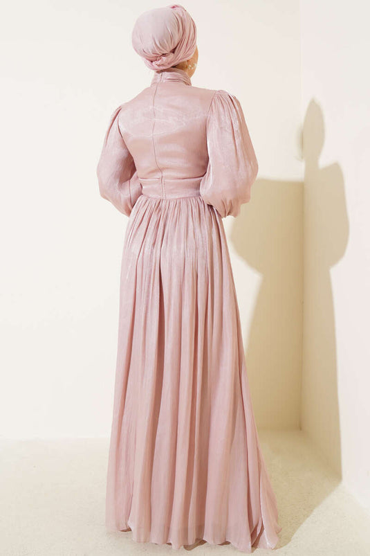 Chiffon geplooide avondjurk met touwstrik, poeder