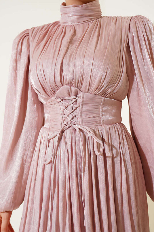 Chiffon geplooide avondjurk met touwstrik, poeder