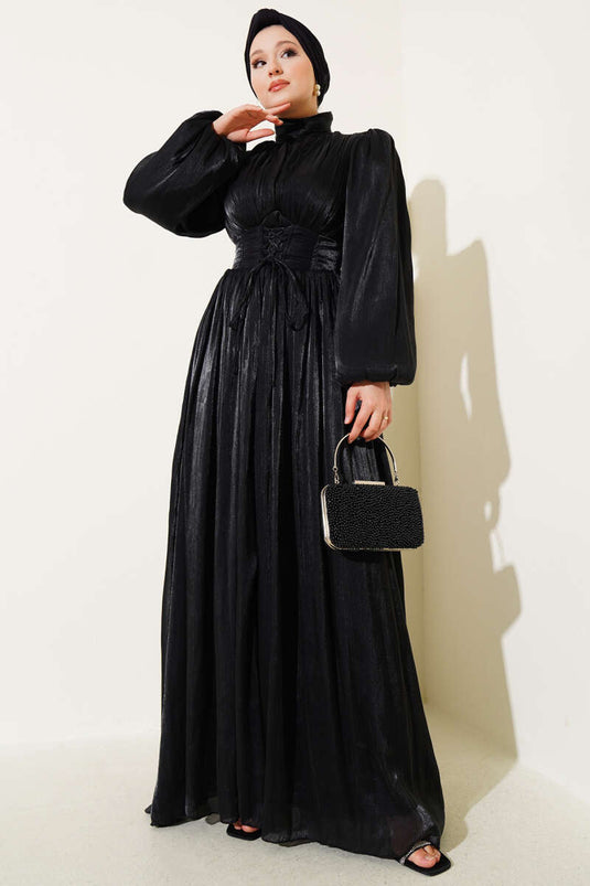 فستان سهرة شيفون مطوي مع رباط حبل، أسود