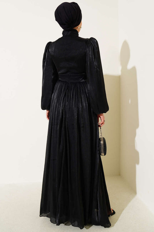 فستان سهرة شيفون مطوي مع رباط حبل، أسود