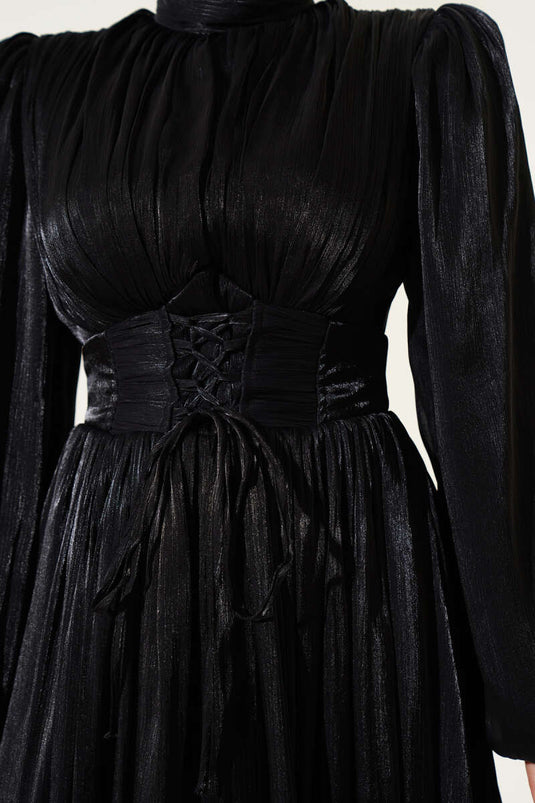 فستان سهرة شيفون مطوي مع رباط حبل، أسود