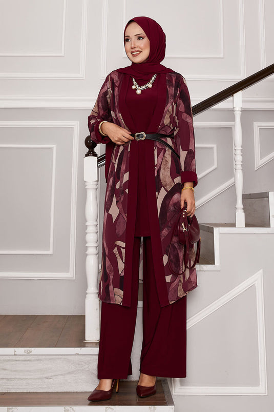 Chiffon Kimono Detailed Triple Combination Claret Red