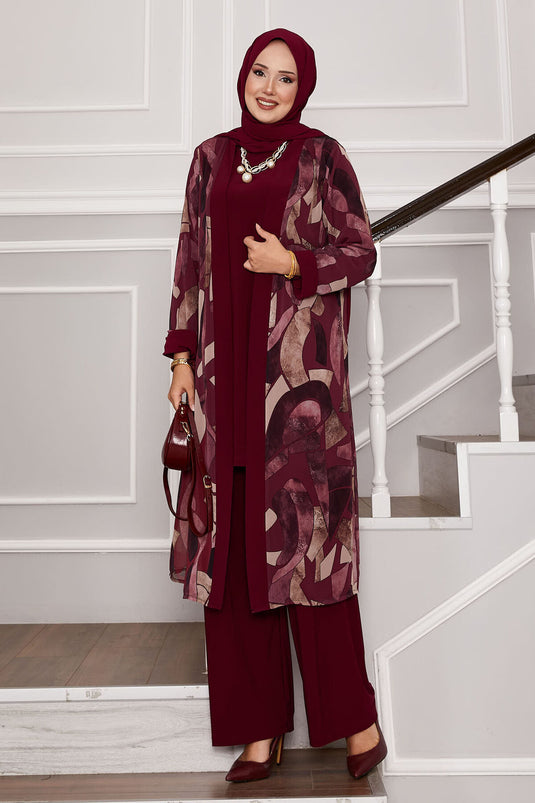 Chiffon Kimono Detailed Triple Combination Claret Red